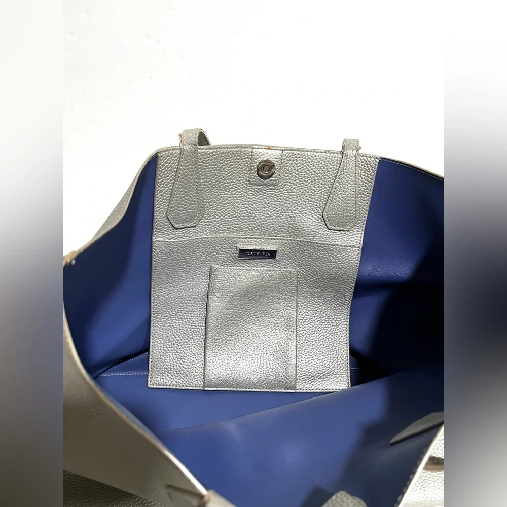 Tory Burch Perry Metallic Gray Leather Large Silver Tote Bag